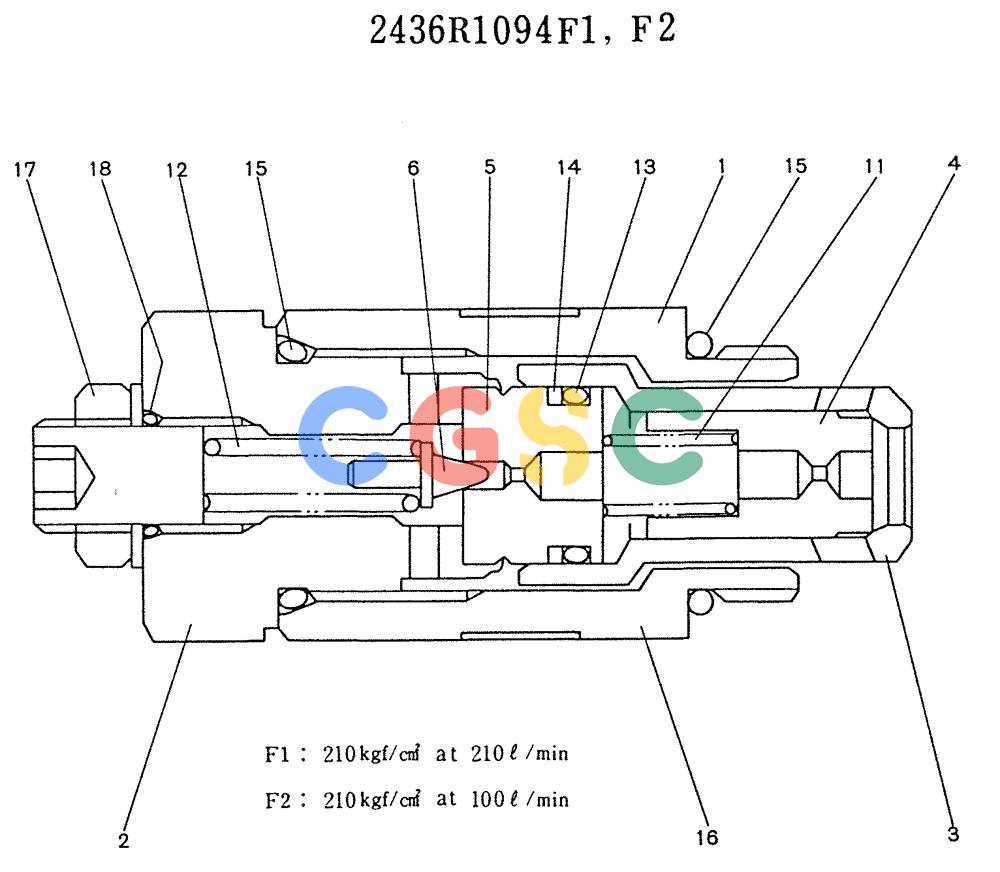 神钢零件查询(K905LC) - MARK II EXCAVATOR BTW YP1001 - YP1281 (1/87-12/03) (11-016) - VALVE ASSY, RELIEF (P/N 2436R1094F1,F2) Kobelco