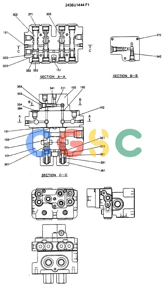 神钢零件查询(MD240C) - EXCAVATOR BTW LLU0301 - LLU0600 (1/80-12/06) (16-006) - VALVE ASSY, BYPASS (UNDERENDENT TRAVEL) - 2436U1444F1 Kobelco