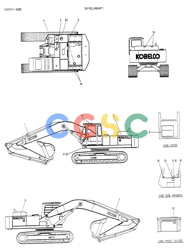 神钢零件查询(K907CLC) - EXCAVATOR BTW YG0101 - YG0500 (1/85-12/03) (15-012) - LABE, NAME-PLATE (FOR LONG CRAWLER) P/N 24100J4904F1 Kobelco