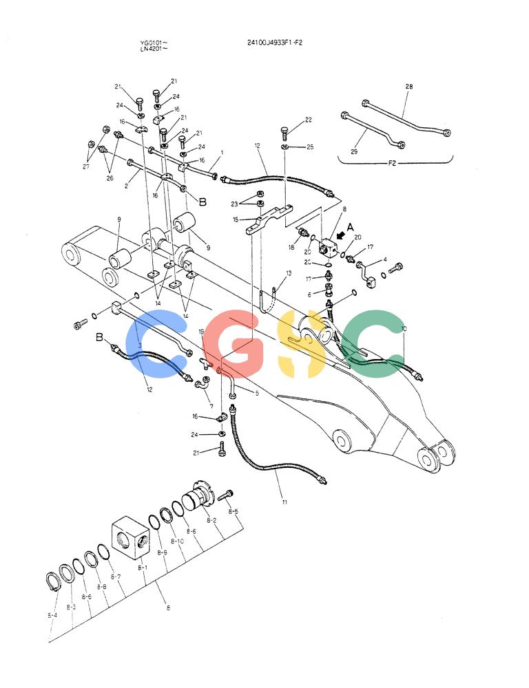 神钢零件查询(K907CLC) - EXCAVATOR BTW YG0101 - YG0500 (1/85-12/03) (09-028) - HYDR LINES,ARM 2.9M Kobelco