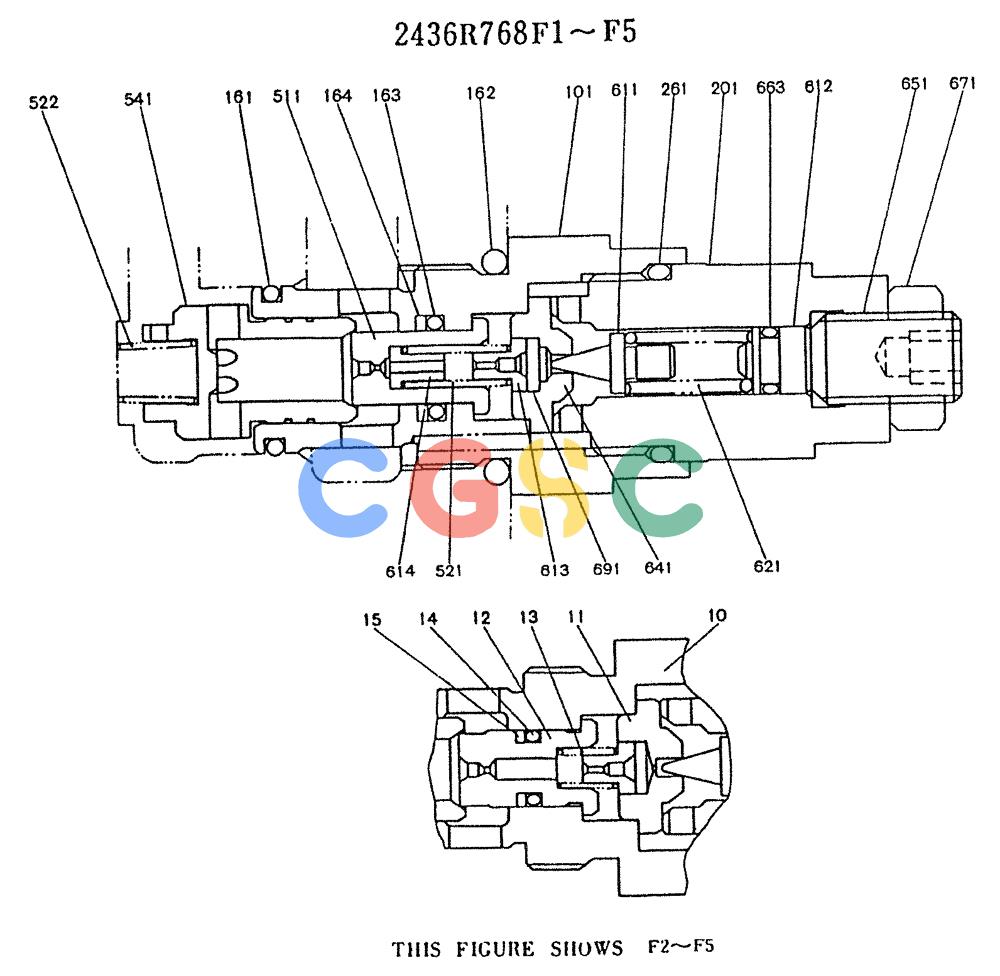 神钢零件查询(K905LC) - MARK II EXCAVATOR BTW YP1001 - YP1281. (4/89-12/03) (11-005) - VALVE ASSY, PORT (2436R768F1-F5) Kobelco