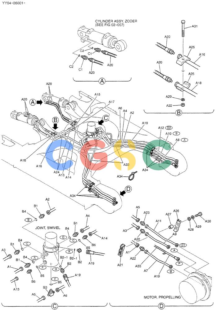 神钢零件查询(DOZER) - ATTACHMENT - SK115SR-1E, -1ES, SK135SR-1E, LC-1E, LC-1ES (1/02-12/03) (02-005) - HYD LINES, LOW, P/N YY02H0020F1 Kobelco