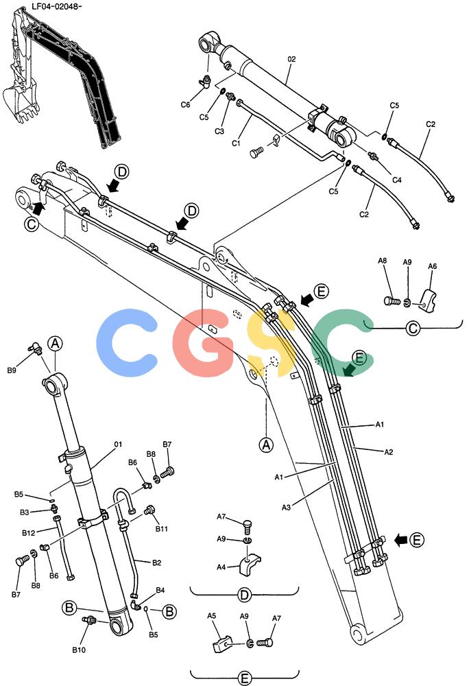 纽荷兰零件查询(E80) - MIDI CRAWLER EXCAVATOR ASN LF04-02001 (03-002) - HYDRAULIC LINES, BOOM 3.72M (WITHOUT NIBBLER AND BREAKER) New Holland Constructuion