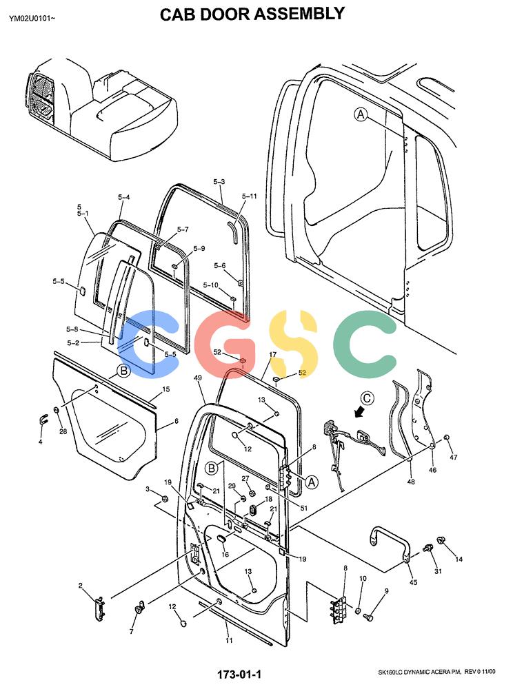 神钢零件查询(SK160LC) - DYNAMIC ACERA EXCAVATOR 11/2000 ASN YM02U0101 (11/00-12/02) (01-043[01]) - CAB DOOR ASSY Kobelco