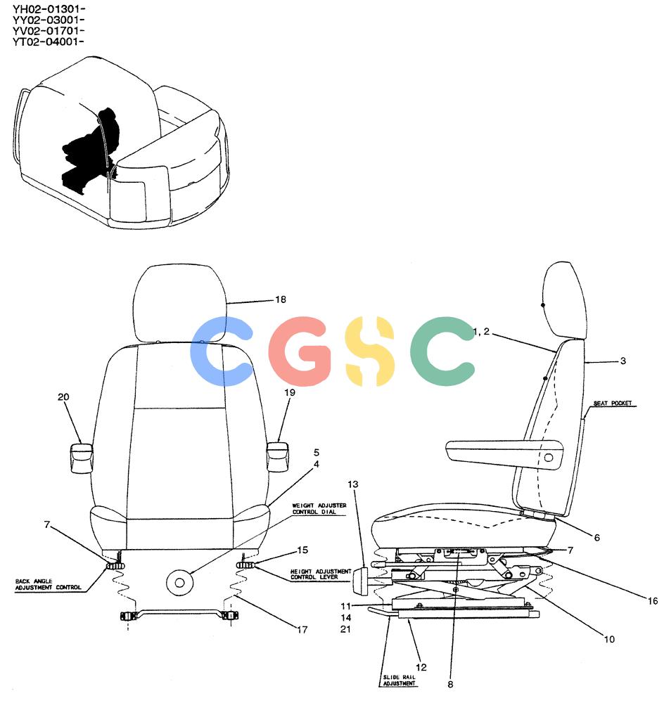 神钢零件查询(ED150-1E) - BLADE RUNNER EXCAVATOR/DOZER ASN YL05-00555 (11/03-12/04) (01-040) - SEAT ASSY Kobelco