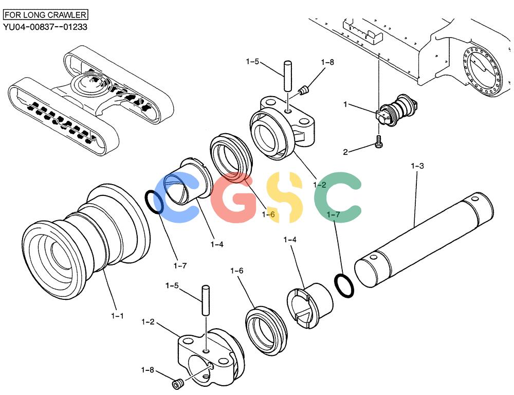 纽荷兰零件查询(E235SRLC) - CRAWLER EXCAVATOR BTW YU04-00837 - YU04-01417 (02-011) - ROLLER ASSY, TRACK (FOR LONG CRAWLER), P/N YF64D00003F1 New Holland Constructuion