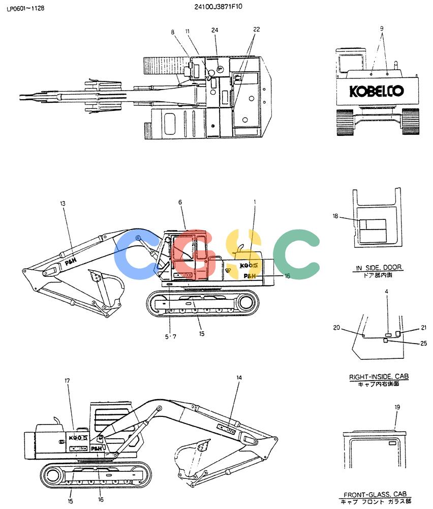神钢零件查询(K905LC) - EXCAVATOR BTW YP0115 - YP0301 (1/85-12/03) (10-017) - LABLE,NAME- PLATE P/N 24100J3871F10 Kobelco
