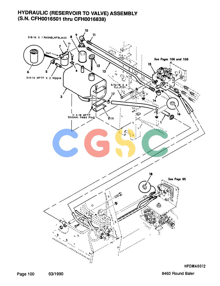 凯斯零件查询(8460) - CASE IH ROUND BALER (BEFORE S/N CFH0057418) (1/88-12/93) (100) - HYDRAULIC, RESERVIOR TO VALVE, ASSEMBLY, SERIAL NUMBER CFH0016501 THROUGH CFH0016838 Case Agriculture