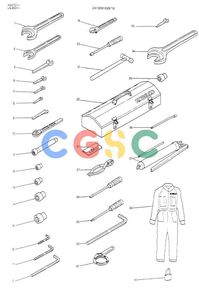 神钢零件查询(K907CLC) - EXCAVATOR BTW YG0101 - YG0500 (1/85-12/03) (15-020) - TOOL ASSY P/N 24100N1695F16 Kobelco