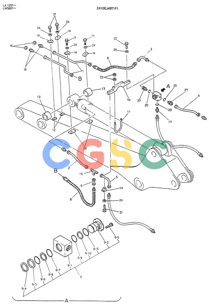 神钢零件查询(K904DL) - EXCAVATOR ASN LX1201 (1/84-12/03) (09-028) - INSTAL HYDR LINES ARM 1.9M (CHANGE BACK HOE/CLAMSHELL) Kobelco