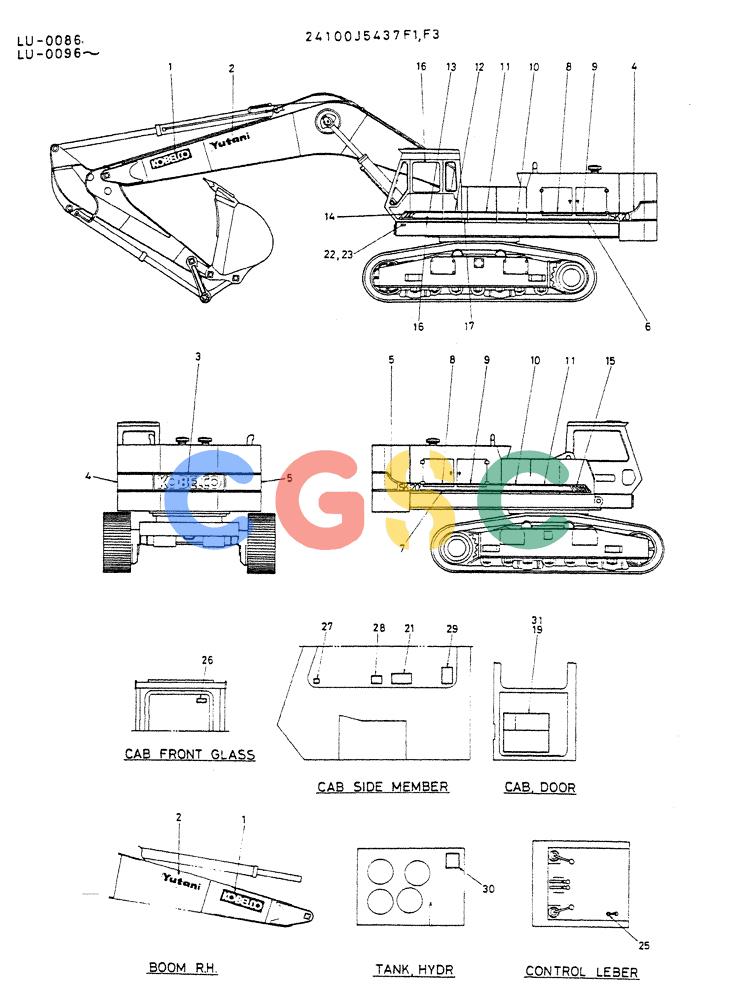 神钢零件查询(K935) - EXCAVATOR SUPPLEMENT ASN LU00154 (1/76-12/03) (09-003) - LABEL, NAME PLATE P/N 24100J543F1,F3 Kobelco