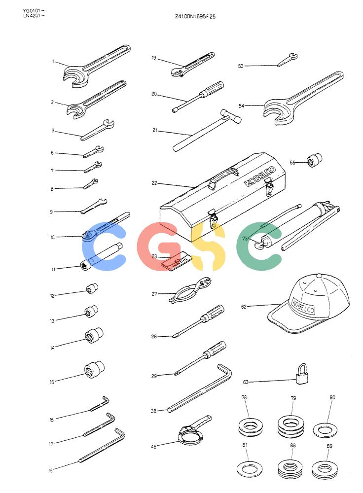 神钢零件查询(K907CLC) - EXCAVATOR BTW YG0101 - YG0500 (1/85-12/03) (15-022) - TOOL ASSY P/N 24100N1695F25 FOR EXPORT Kobelco
