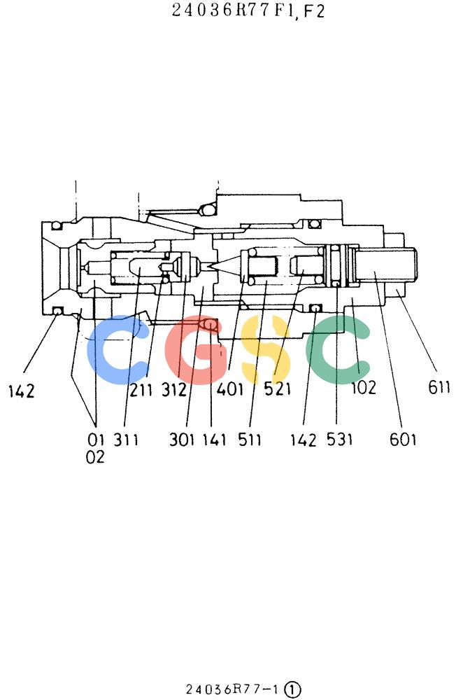 神钢零件查询(K907LC) - MARK II EXCAVATOR ASN YQ0565 (NA) (1/87-12/03) (11-065) - RELIEF VALVE, PORT, P/N 24056R77F1,F2 Kobelco