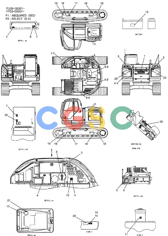 纽荷兰零件查询(E235BSRNLC) - CRAWLER EXCAVATOR ASN YU05-02001 (07-001[01]) - NAME PLATE INSTAL, P/N YB22T00062F1 New Holland Constructuion