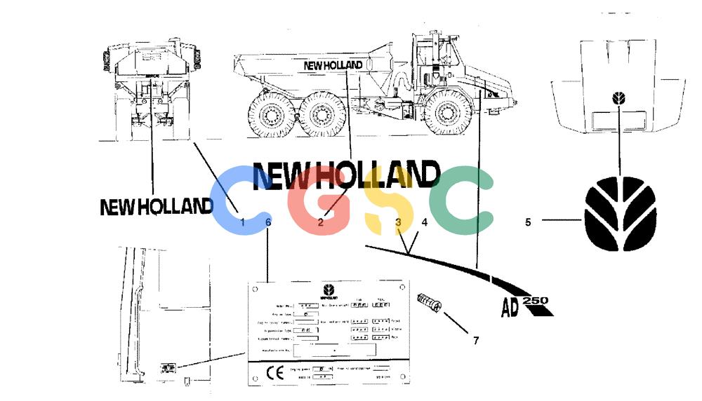纽荷兰零件查询(AD250 (3.5 VERSION)) - ARTICULATED DUMP TRUCK (7/01-) (6.780[05]) - ACCESSORIES - TRANSFER PRINTING AND PLATES New Holland Constructuion
