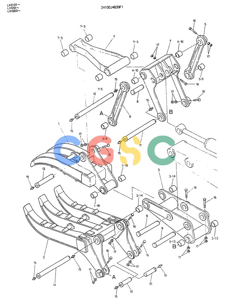神钢零件查询(K904DL) - EXCAVATOR ASN LX1201 (1/84-12/03) (09-020) - GRAPPLE ASSY, FORK (DOUBLE) Kobelco
