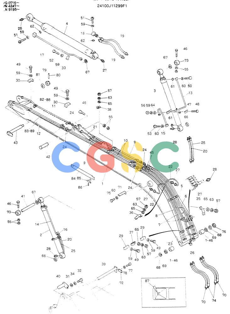 神钢零件查询(K907LC) - MARK II EXCAVATOR ASN YQ0565 (NA) (1/87-12/03) (09-002) - BOOM ASSY, P/N 24100J11299F1 Kobelco