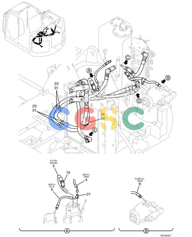 纽荷兰零件查询(E70BSR) - COMPACT CRAWLER EXCAVATOR BTW YT05-15001 - 18000 (NA) (4/08-) (02-23-00[01]) - HYDRAULIC LINES, RETURN (YT32H00011F1), PAGE 1 OF 2 New Holland Constructuion
