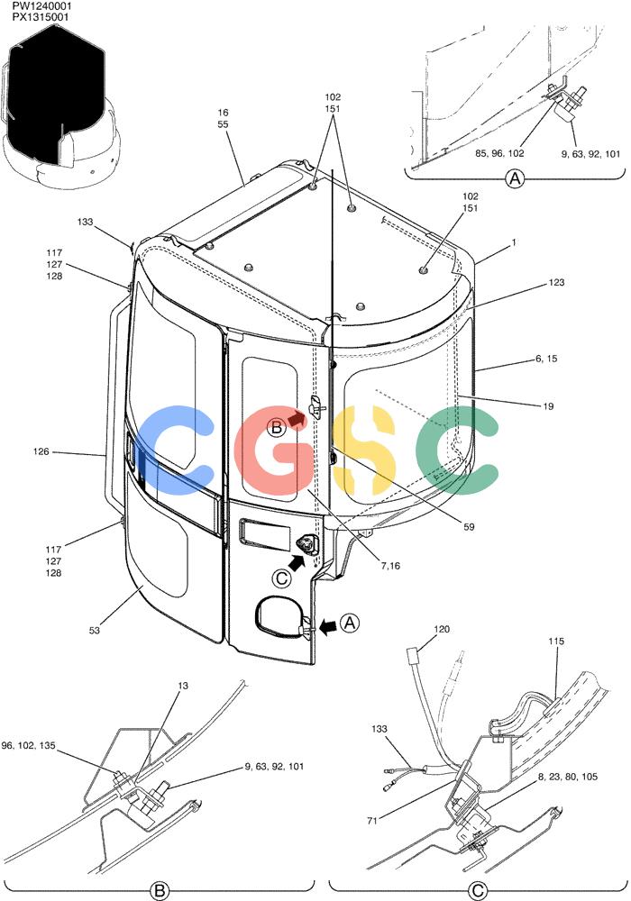 纽荷兰零件查询(E35SR) - COMPACT CRAWLER EXCAVATOR ASN PX13-15001 (N6TN61732) (NA) (1/06-) (01-041[01]) - CAB ASSY New Holland Constructuion