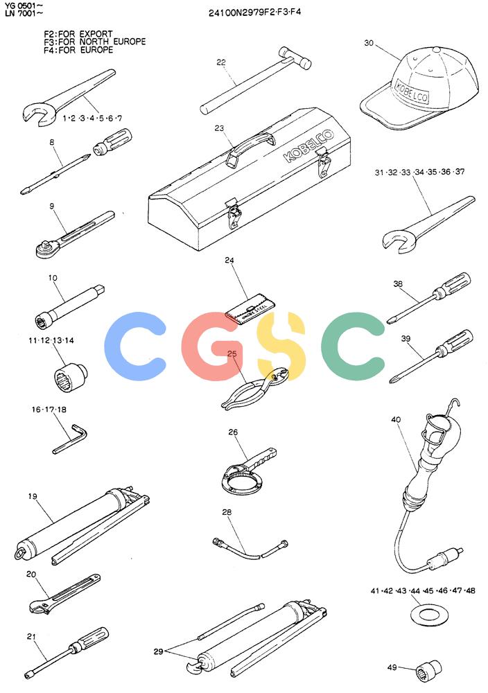 神钢零件查询(K907DLC) - EXCAVATOR ASN YG0501 (1/86-12/03) (10-008) - TOOL ASSY P/N 24100N2979F2 Kobelco