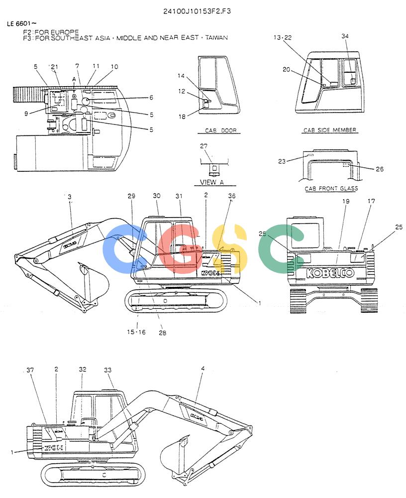 神钢零件查询(K903) - MARK II EXCAVATOR BTW LE6601 - LE7871 (1/88-12/03) (10-002) - LABEL, NAME-PLATE (FOR EXPORT), P/N - 24100J10153F2 Kobelco