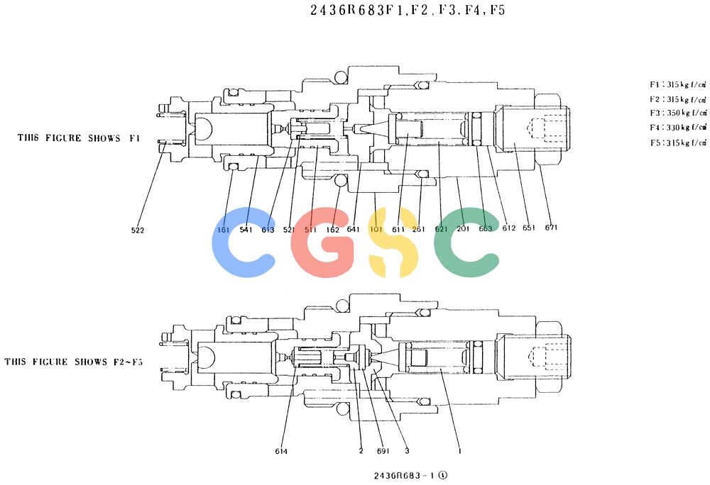 神钢零件查询(K907LC) - MARK II EXCAVATOR BTW YQ0101 - YQ0564 (1/87-12/03) (11-002) - VALVE ASSY, RELIEF 2436R683F1,F2,F3,F4,F5 Kobelco