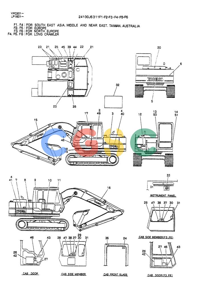 神钢零件查询(K905ALC) - EXCAVATOR ASN YP0301 (1/86-12/03) (10-003) - LABEL, NAME PLATE, P/N 24100J6311F1-F2-F3-F4-F5-F6 Kobelco