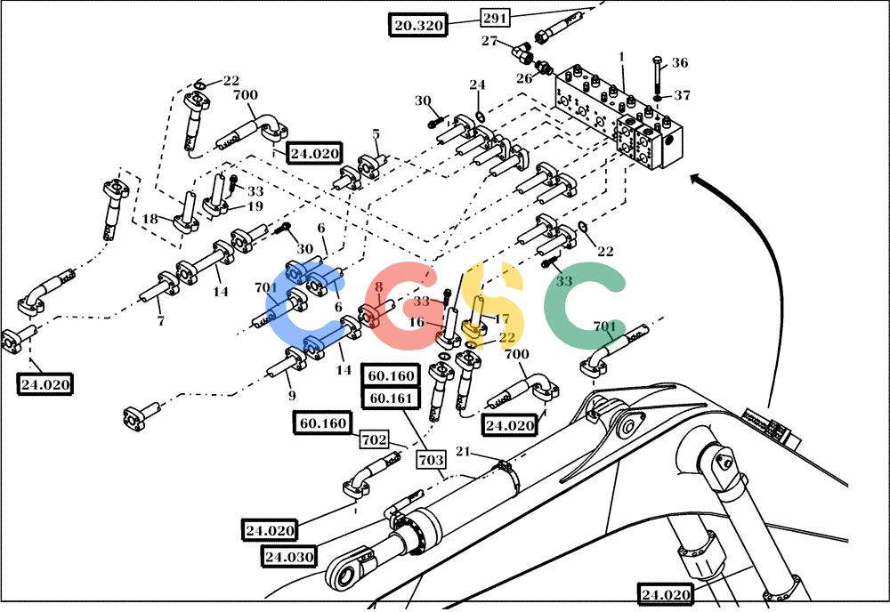纽荷兰零件查询(EC450) - CRAWLER EXCAVATOR (SN: 750001-UP) (11/99-) (60.160[003]) - HYDRAULIC SYSTEM MONOBLOC BOOM 7,7 M (S/N 750001-750017) New Holland Constructuion