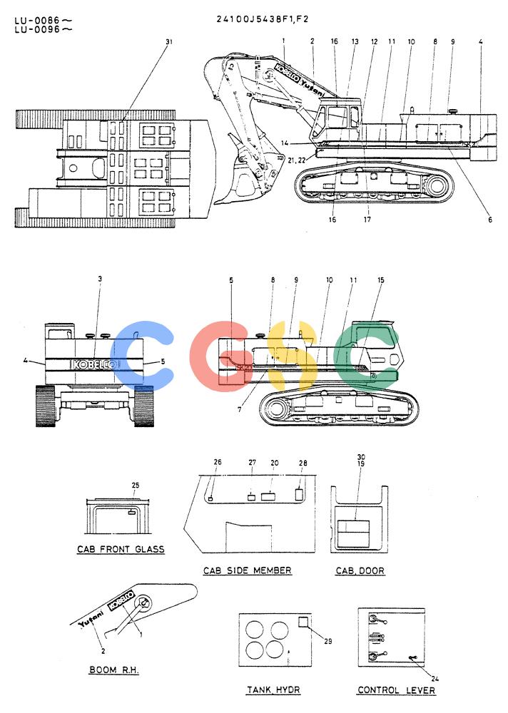 神钢零件查询(K935) - EXCAVATOR SUPPLEMENT ASN LU00154 (1/76-12/03) (09-012) - LABEL, NAME PLATE P/N 24100J5438F1, F2 Kobelco