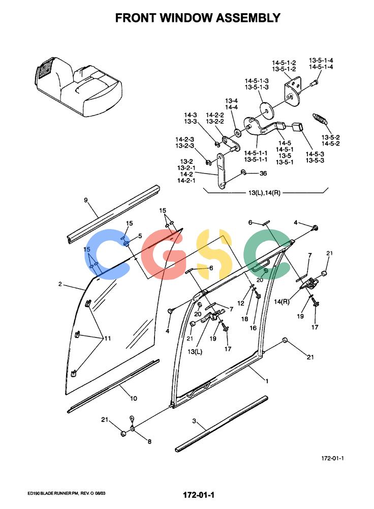 神钢零件查询(ED190LC-6E) - BLADE RUNNER EXCAVATOR/DOZER BTW YL03U0136 - YL03U0292 (1/05-12/06) (01-054) - FRONT WINDOW ASSEMBLY Kobelco