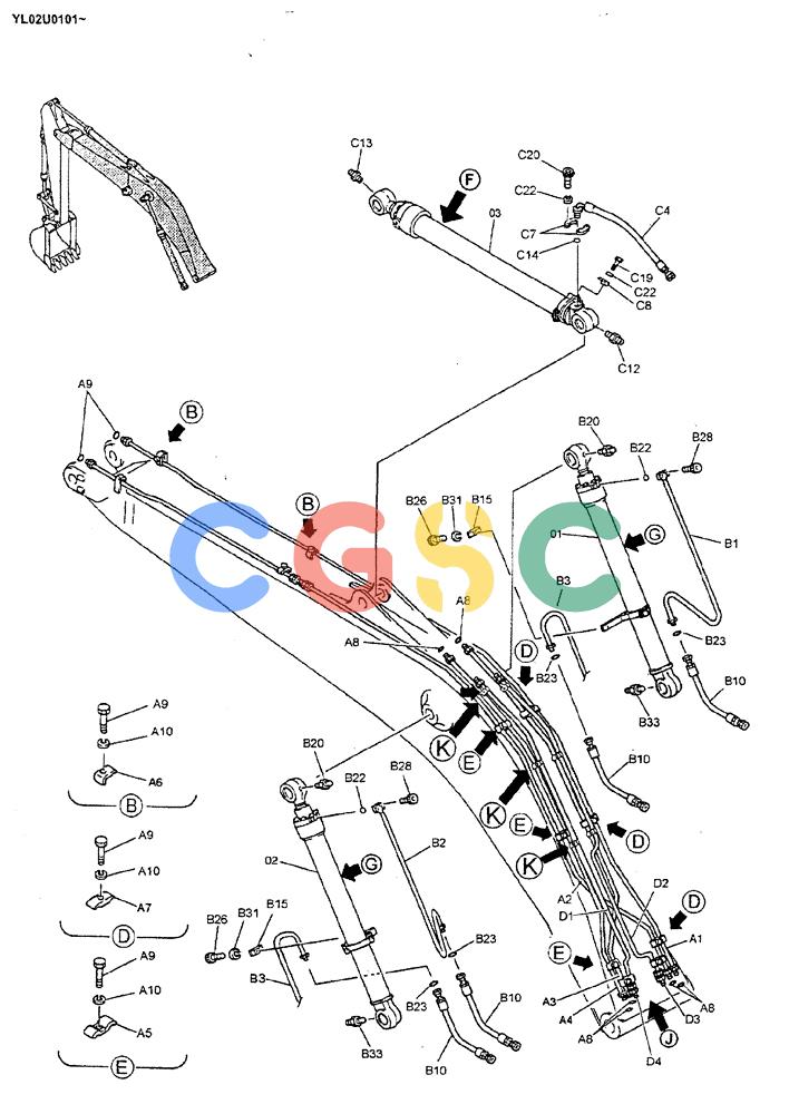 神钢零件查询(ED190LC) - BLADE RUNNER EXCAVATOR/DOZER BTW YL02U0101 - YL03U0135 (1/02-12/06) (03-004[01]) - HYD LINES, BOOM & ARM SAFETY, 5.2M Kobelco