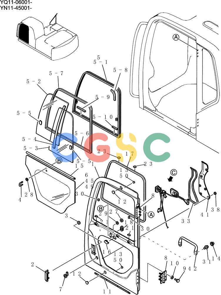 神钢零件查询(200-8) - EXCAVATOR S/N YN11-45001 - (1/06-12/09) (194-01-1-01) - DOOR ASSY, CAB Kobelco