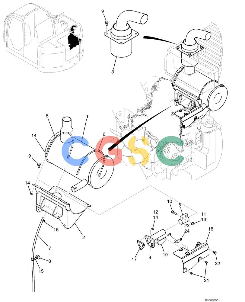 纽荷兰零件查询(E70BSR) - COMPACT CRAWLER EXCAVATOR BTW YT05-15001 - 18000 (NA) (4/08-) (02-09-00[00]) - MUFFLER ASSEMBLY (YT12P00012F1) New Holland Constructuion