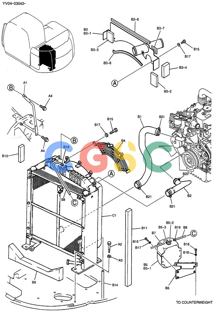 纽荷兰零件查询(E115SR) - CRAWLER EXCAVATOR ASN YV04-03043 (01-005) - RADIATOR INSTAL New Holland Constructuion