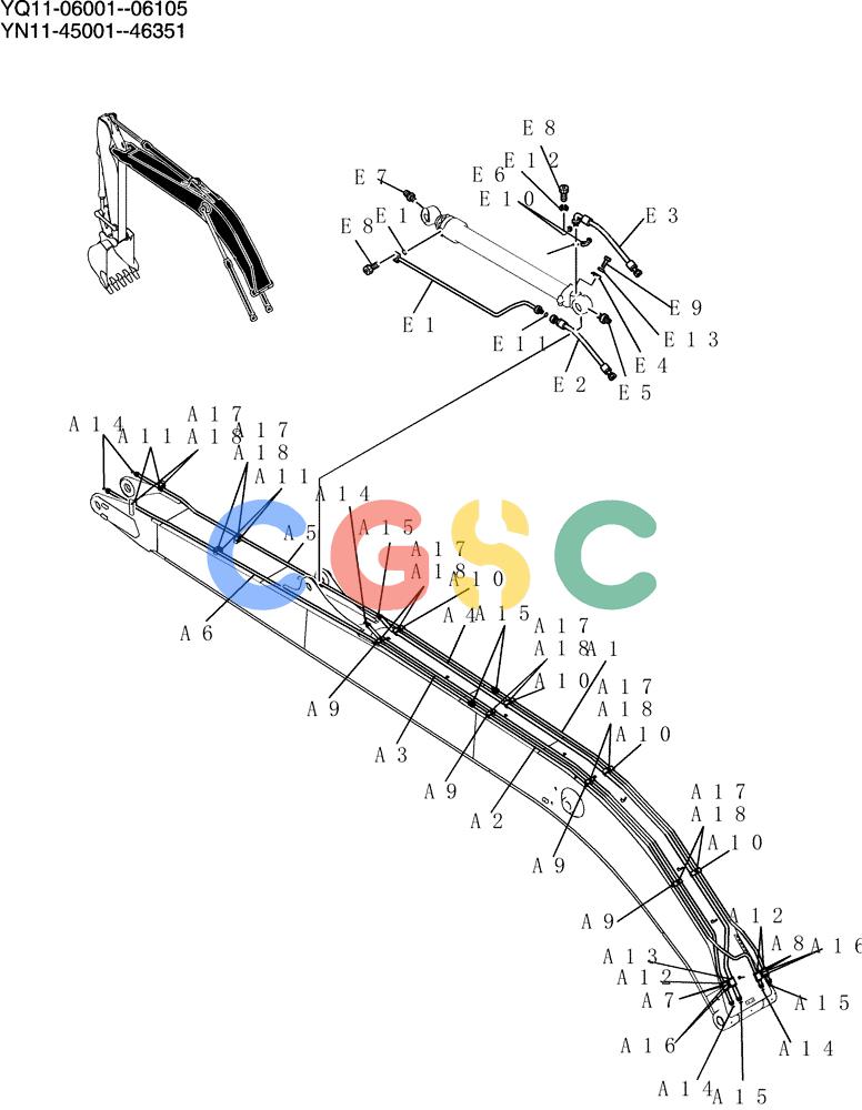 神钢零件查询(200-8) - EXCAVATOR S/N YN11-45001 - (1/06-12/09) (853-01-1) - HYD LINES, BOOM 8.75M (28FT 9IN) (50FT LONG RANGE) Kobelco