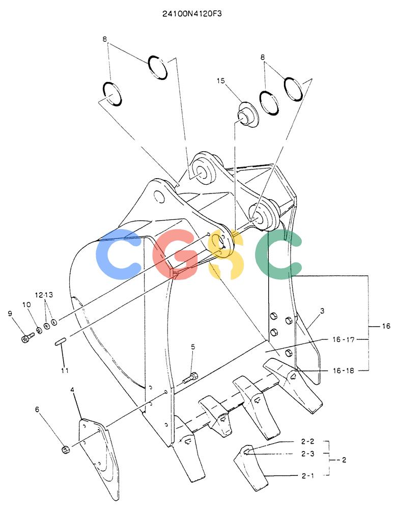 神钢零件查询(K904L) - MARK II EXCAVATOR BTW LX1501 - LX1525 (1/88-12/03) (07-004) - BUCKET ASSY, 0.4M³, P/N 24100N4120F3 Kobelco