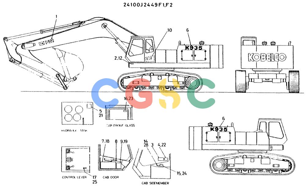 神钢零件查询(K935) - EXCAVATOR BTW L70106 - L70166, LU0067 (1/76-12/03) (07-010[01]) - LABEL NAME-PLATE, P/N 24100J2449F1 Kobelco