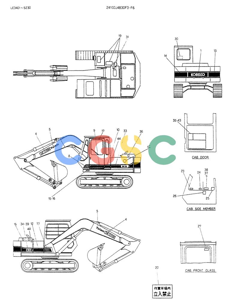 神钢零件查询(K903B) - EXCAVATOR ASN LE3401 (1/85-12/03) (12-003) - LABEL, NAME-PLATE P/N 24100J4830F3,F6 Kobelco