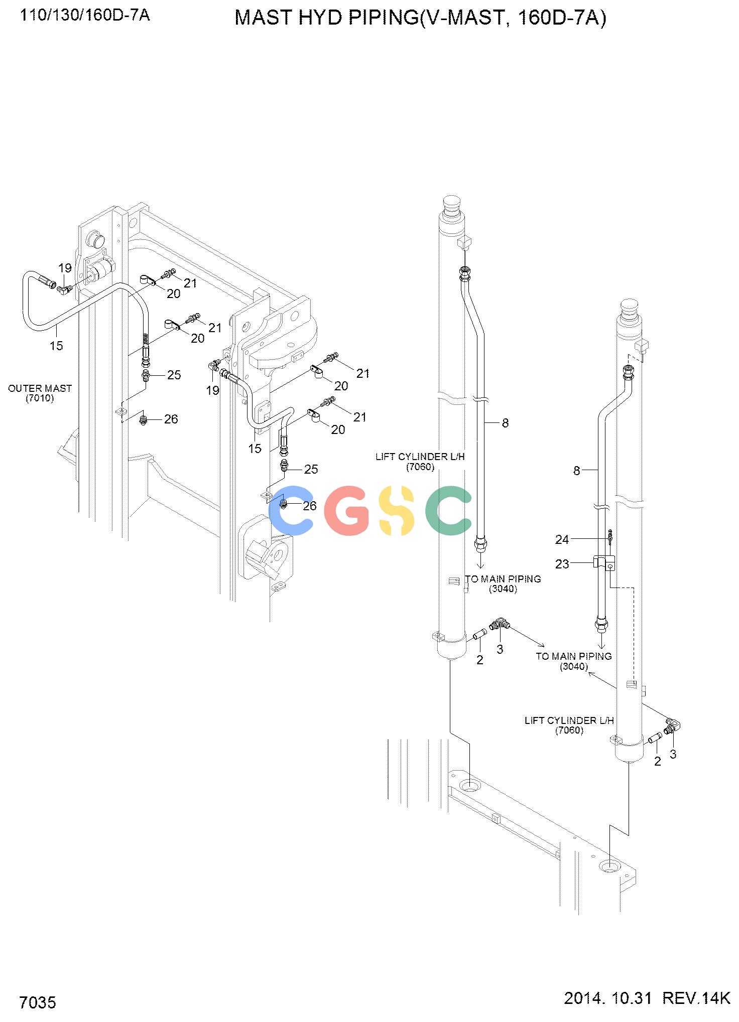 现代零件查询110/130/160D-7A MAST HYD PIPING (V-MAST, 160D-7A, OLD)EPC Hyundai 