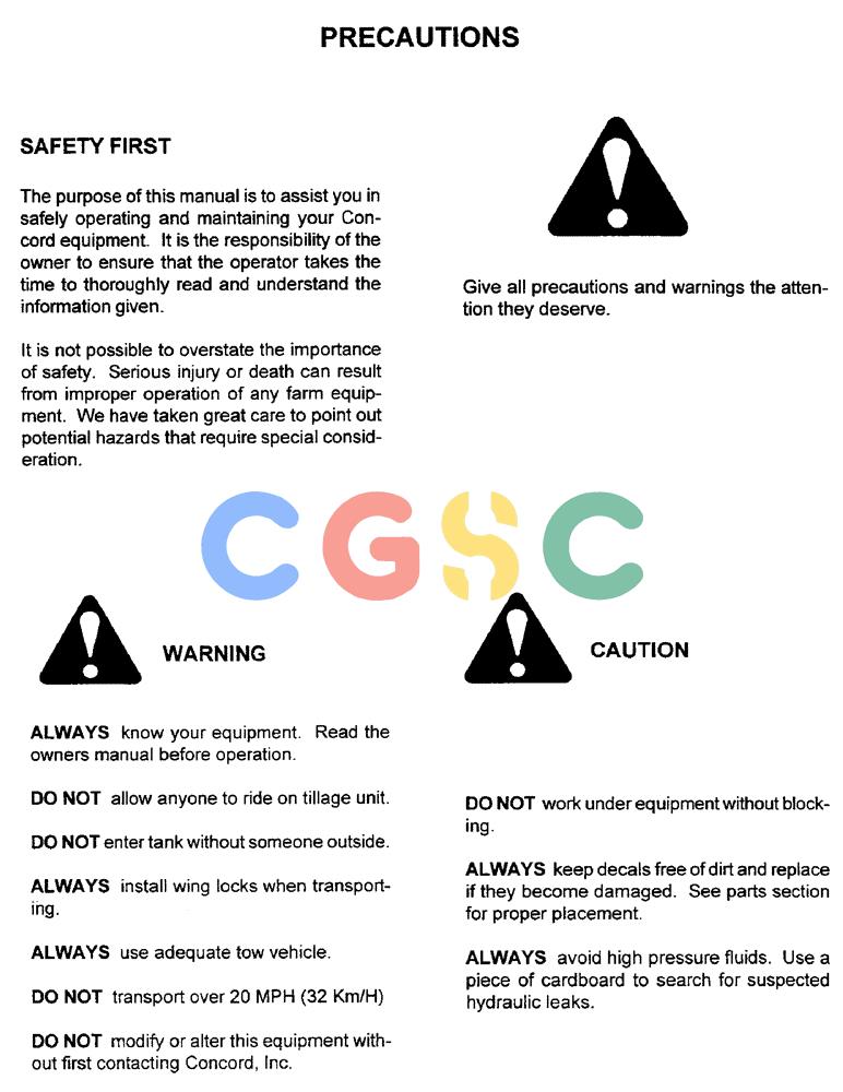 凯斯零件查询(1100) - CONCORD AIR SYSTEM (10/97-12/00) (B02) - PRECAUTIONS Case Agriculture