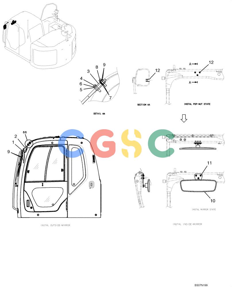 纽荷兰零件查询(E135B) - CRAWLER EXCAVATOR TIER 3 - ASN YH05-07001 (N8TA13006) (1/08-) (06-11[00]) - MIRROR INSTALLATION (OPERATOR'S CAB) (YN52C00032F1) New Holland Constructuion