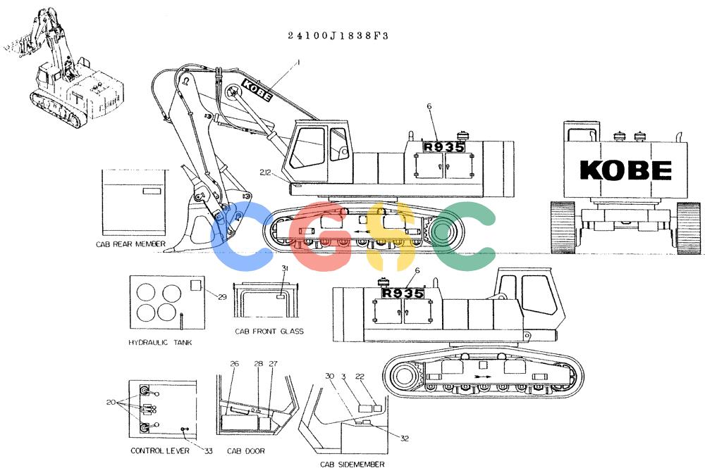 神钢零件查询(K935) - EXCAVATOR BTW L70106 - L70166, LU0067 (1/76-12/03) (07-008) - LABEL NAME-PLATE, P/N 24100J1838F3 Kobelco