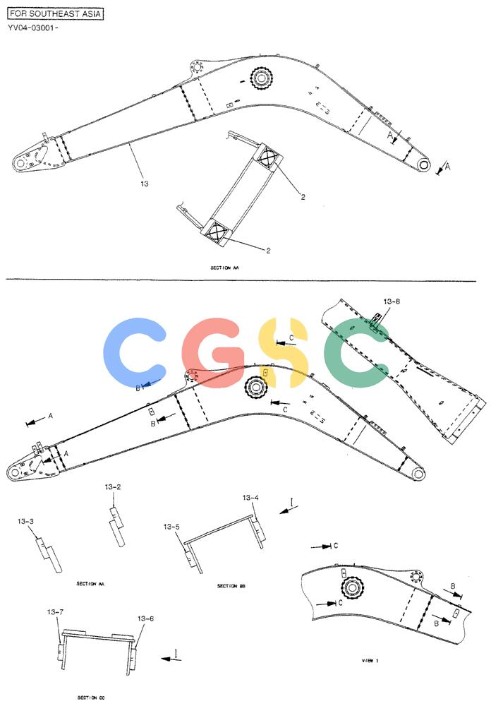 神钢零件查询(BREAKER) - ATTACHMENT (N&B) - SK115SR & SK135SR - ASN YV04, YY04, YH04-03001 (9/04-) (02-003) - BOOM HOE, 4.26M (NIBBLER & BREAKER) Kobelco