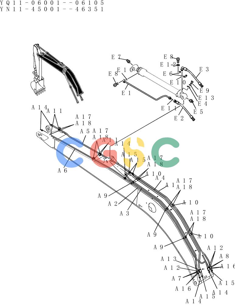 神钢零件查询(200-8) - EXCAVATOR S/N YN11-45001 - (1/06-12/09) (852-01-1) - HYD LINES, BOOM 7.0M (23FT) (40FT LONG RANGE) Kobelco