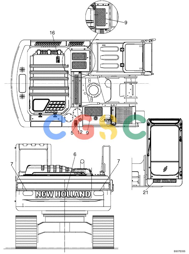 纽荷兰零件查询(E175B) - CRAWLER EXCAVATOR TIER 3 (NA) - N7DA16301 - (5/07-) (07-01[01]) - NAME PLATE INSTALLATION, (EXTERIOR) LOCATION (YN22TU0023F4) New Holland Constructuion