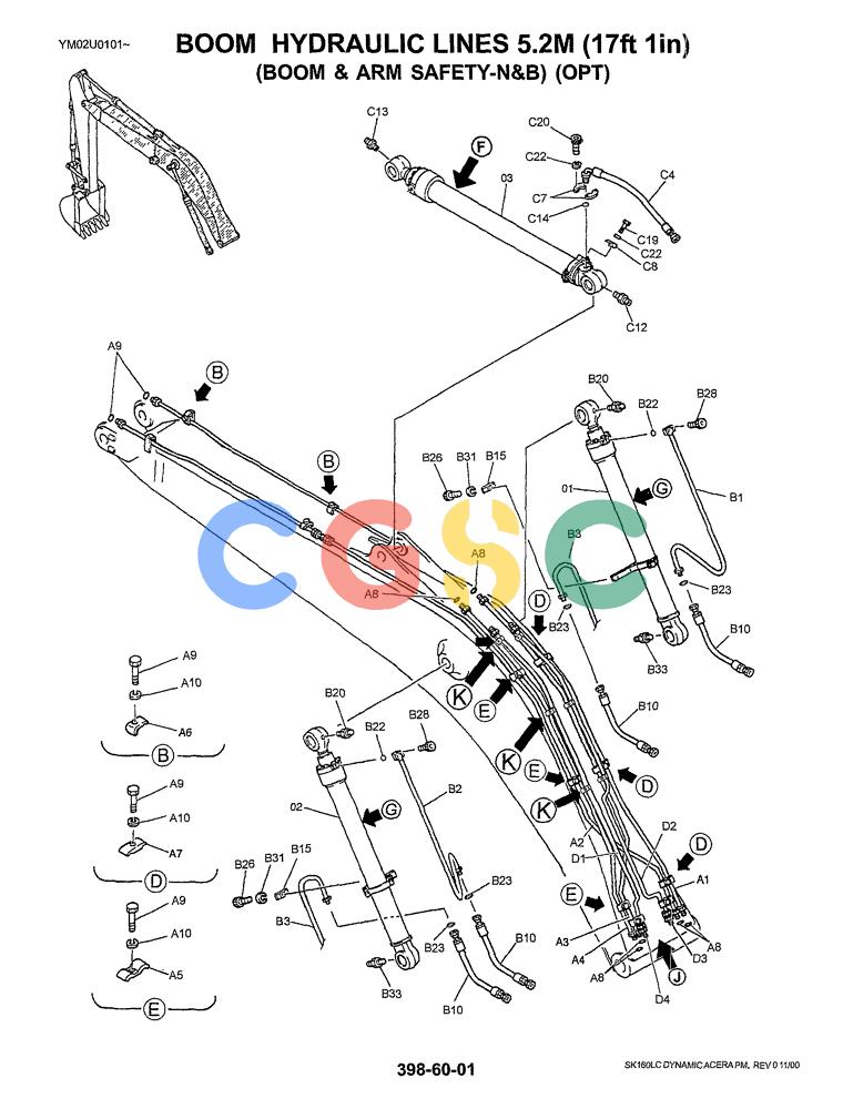 神钢零件查询(SK160LC) - DYNAMIC ACERA EXCAVATOR 11/2000 ASN YM02U0101 (11/00-12/02) (03-005[01]) - BOOM HYDRAULIC LINES 5.2M (17FT 1IN) (BOOM AND ARM SAFETY - N AND B) (OPT) Kobelco