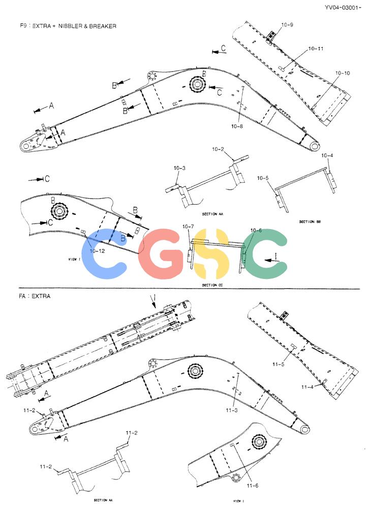 神钢零件查询(BREAKER) - ATTACHMENT (N&B) - SK115SR & SK135SR - ASN YV04, YY04, YH04-03001 (9/04-) (02-004[02]) - BOOM HOE, 4.26M (ARM SAFETY) Kobelco