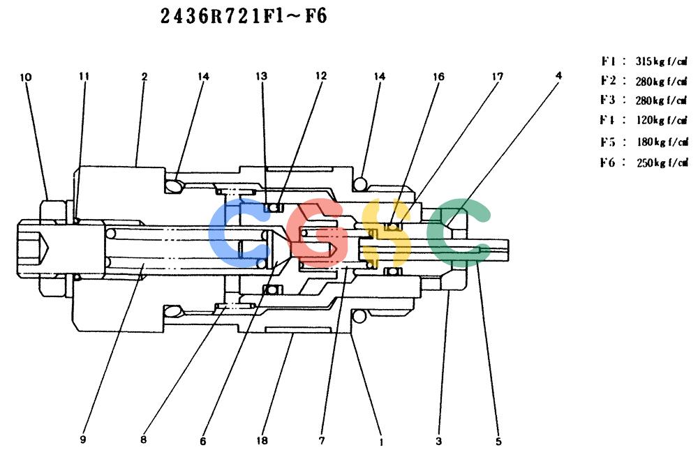 神钢零件查询(K904) - MARK II EXCAVATOR ASN YW1119 (1/88-12/03) (11-006) - VALVE ASSY, RELIEF, P/N 2436R721F1 Kobelco