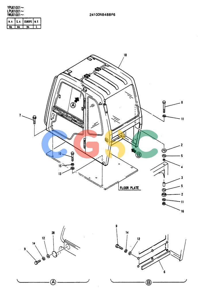 神钢零件查询(SK130LC) - EXCAVATOR BTW YPU1001 - YPU2000 (1/98-12/98) (02-002) - CAB INSTALLATION Kobelco