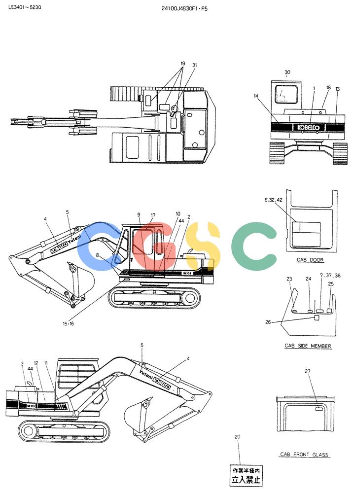 神钢零件查询(K903B) - EXCAVATOR ASN LE3401 (1/85-12/03) (12-001) - LABEL, NAME-PLATE P/N 24100J4830F1-F5 Kobelco